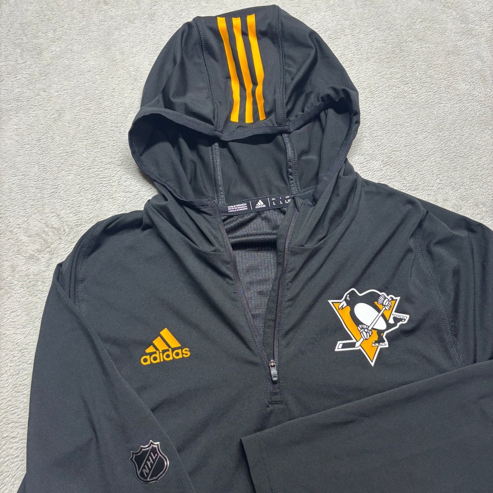 Adidas Pittsburgh Penguins NHL Mens L Black 1/4 Zip‎ Hoodie Climalite Spellout